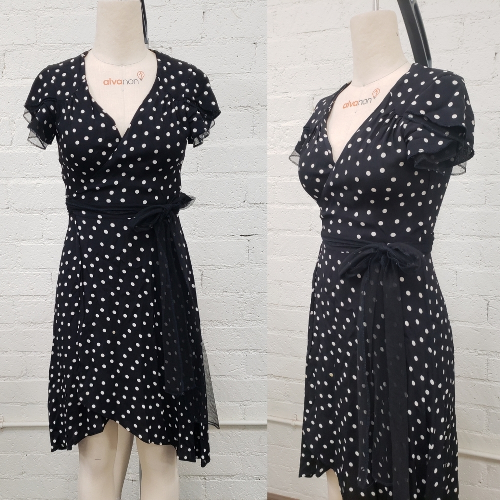Black 40s style polka dot wrap mini dress S M